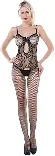 [Eindcisn] Women's sexy Lace Elastic Bodysuit with bow tie, Fishnet Hollow Out One-piece Socks, Hollow Fishnet Bodystocking Lingerie, for play and Holiday Party, One Piece, Black, Black, One size