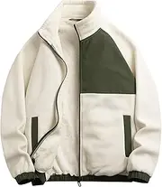[Qolkmuiy-GJ] Men's Full Zip Polar Fleece Jacket Fluffy Lined Pocket Long Sleeve Coat Stand Collar Colorblock Cropped Coat (White 2,Large)