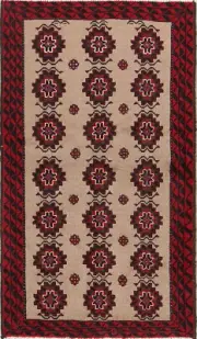 Tribal Brown Geometric Balouch Afghan 3x6 Area Rug Hand-knotted Oriental Carpet