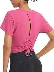 [baleaf] Women's Workout Tops Short Sleeve Crop Yoga Pilates Shirts Lightweight Open Back Clinch Athletic Gym Exercise Running T-Shirts