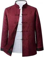 [NTWSHS] Chinese Clothing Chinese Traditional Tang Suit for Men, Kung Fu Clothing Tops Martial Art Cotton Shirt Long Sleeved Coats Cotton Linen Tai Chi Clothes Zen Meditation Uniform(Red,4X-Large)