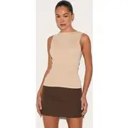 Light Beige Fine Knit High Neck Sleeveless Top, Light Beige