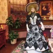 5 1/2" Porcelain Victorian Doll in White Silk w/ Black Lace Dress by PAT BOLDT