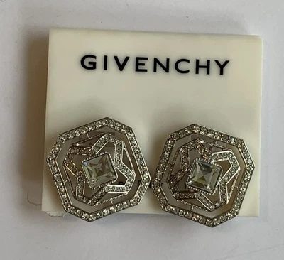 Vintage Givenchy Silvertone Princess Crystal & Round Rhinestone Clip On Earrings