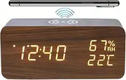 Lancoon Digital Alarm Clock with LED Wireless Charging Temperature and Humidity Display 3 Alarms Adjustable Brightness Sound Control for Bedroom Home Office (Brown)