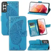 For Samsung Galaxy S21 FE Case, Butterfly PU Leather Wallet Cover, Blue