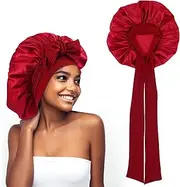 Abeillo Silk Sleep Bonnets for Women, 1PC Adjustable Satin Night Sleeping Cap Soft Elastic Band Silk Bonnets for Sleeping, Hair Bonnet with Tie Band for Curly Hair Braid Women (Wine Red)