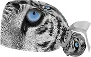 [WOSHJIUK] Working Hat 2 Pack Scrub Caps for Women,Blue Eyes White Tiger,Tie Back Cap Adjustable Scrub Hat
