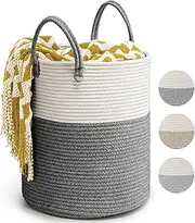 Woven Cotton Rope Laundry Basket 35 x 40cm Woven Clothes Storage Basket 39L Decorative Cotton Rope Blanket Basket Collapsible Laundry Hamper with Handle, for Living Room Bedroom(Dark Grey)