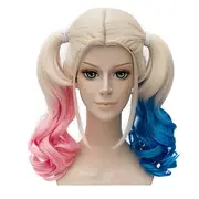 Harley Quinn Probeauty Ponytail Wigs Blonde Pink Blue Ponytail Wavy Synthetic Cosplay Wig (Long Pink Blue Mix Blonde)
