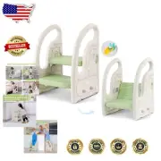 Portable 2-Step Kids Helper Stool with Handles for Safe Climbing - Green/White