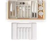 Expandable Silverware Drawer Organizer, Adjustable Utensil Tray for Kitchen-White