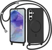 Mobile Phone Lanyard for Samsung Galaxy A55 5G, Case with Strap, Ultra Thin Magnetic Mobile Phone Case for Hanging, Protective Case with Chain Cord, Soft TPU Liquid Silicone Case – Black