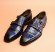 Handmade Men Blue Alligator Texture Leather Double Monk Shoes, Dress Shoes