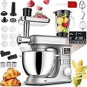 8L Stand Mixer, LED Display Kitchen Electric Mixer, Stainless Steel Bowl Mixer with 6 Speed Tilt-Head,1.5L Glass Jar,Multi-Function Meat Grinder with Dough Hook, Whisk, Beater,Blender, Splash Guard