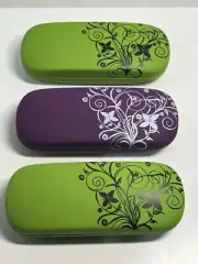 3 Eyeglass case hard clam shell Green/ Purple New Floral Design