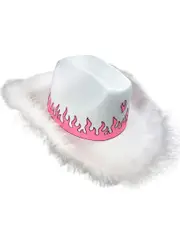 Feather Trim White Cowboy Costume Hat With Pink Glitter Flames