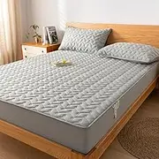 Soft Bed Padded Sheet,Thickened Quilted Waterproof Diaper Mattress Protector, Solid Color Non-Slip Mattress Topper and Pillowcase,Grey,150 * 200cm (59 X 79x 12inch)