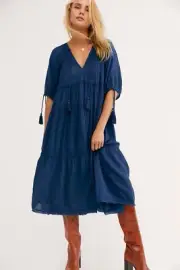 NWT FREE PEOPLE Sz S CELESTIAL SKIES EMBROIDERED MIDI DRESS IN NAVY