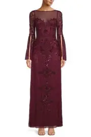 Aidan Mattox Beaded Illusion Boat Neck 3/4 Bell Sleeve A-Line Gown