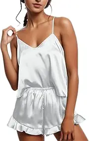 [Generic] Pajama for Women Sleeveless Sleep Set Lounge Outfits Lounge Set Shirt and Shorts Matching Loungewear, White, Medium