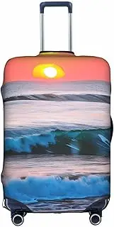 [HTTUP] Sunset and Sunrise with Ocean Sea Waves Print Practical Elastic Washable Travel Luggage Cover with Concealed Zipper for Suitcases, White, Medium