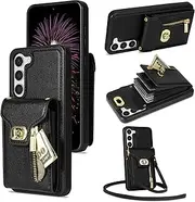 [Asuwish] Phone Case for Samsung Galaxy S23 5G Wallet Cover with Credit Card Holder Zipper Slot Crossbody Strap Lanyard Leather Stand Cell Accessories S 23 23S GS23 G5 SM-S911U 6.1 inch Women Girl Black