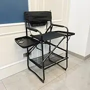 Generic Tall Directors Chair Heavy Duty Bar Height Folding Makeup Chair Padded Seat with Side Table Foot Rest for Camping Home or Patio (without headrest), Black
