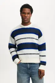 [Cotton On Men] Cotton On Men - Box Fit Fuzzy Crew Knit - Blue stripe S BLUE STRIPE
