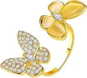 [Rrdaily] 14K Gold Plated Butterfly Zircon Open Rings for Women Teen Girls,Sparkly Vintage Wrap Rhinestone Statement Adjustable Finger Ring Jewelry Accessories