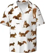 [VPPUR] Cute Squirrel Print Fashion Short Sleeve Button Down Cuban Collar Shirt Left Chest Convenient Pocket