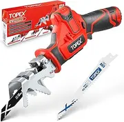 [TOPEX] 12V Cordless Reciprocating Saw w/ 2 Saw Blades & Clamping Claw Cutting Depth 65 mm, Portable Electric Small Power Cutter for Cutting Drywall, Sheetrock, Wood, Metel, Plastic, Plywood