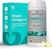 Vegetology Vegan Omega 3 Supplement (60 Capsules) – Omega-3, EPA, Vitamin D3 & DHA Supplements - Algae Omega 3 Vegan Supplements for Brain, Eye, & Heart Health – Omega 3 for Kids & Adults