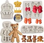 MYPRACS Bear Silicone Fondant Molds Crown Fondant Mold Bow Chocolate Molds For Sugar Cake Decoration Cupcake Topper Candy Polymer Clay Gum Paste Set Of 4