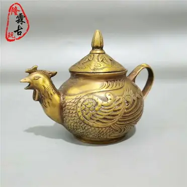 古董古玩復古純銅茶壺龍鳳呈祥小銅壺龍飛鳳舞酒壺乾隆年造銅壺1入| 銀 
