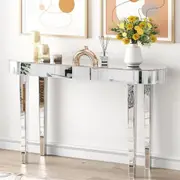 Fin 1.2M Stunning Mirrored Console Table Clear Glass Foyer Table Living Room Bedroom