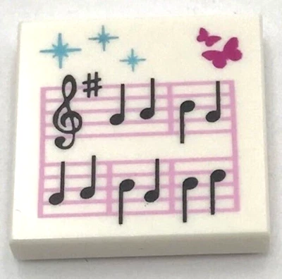 Lego New White Tile 2 x 2 w/ Music Notes and Butterflies Part
