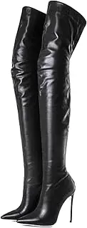 [YIYUWE] Women Thigh High Boots Lightweight Solid Color Large Size Pointed Toe Stiletto Heel Zipper Party Date Dance Work Long Boots Over The Knee Boots,45EU,Black