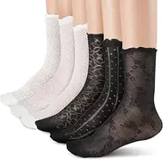 [ecdiykit] 6 Pairs Women's Sheer Ruffle Socks Sheer Seethrough Socks Summer Lace Sock Boot Dance For Women Girls Thin Fashion Transparent Black White Breathable Mesh Ankle Sock