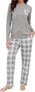 [Mchodare] Womens Long Sleeve Pajamas Sets and Plaid Pants 2 Piece Pjs Soft Comfy Sleepwear Lounge Set with Pockets