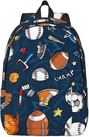 WURTON Baseball Basketball Football Hockey Print Casual Canvas Backpack For Everyday Use Canvas Rucksack Work Hiking
