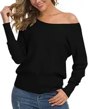 [Feiersi] Women's Off Shoulder Sweater Long Sleeve Loose Pullover Knit Jumper, 02 Black, Small