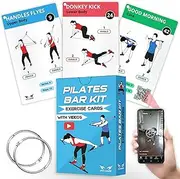 Pilates Bar Kit Workout Cards – 56 Exercise Cards with Videos, Illustrations, Breathing Tips, and Instructions for Women & Men – Includes 2 Rings and Customizable Home Workout Planner Charts
