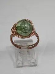 Handmade ~ Copper Wire Wrap ~ Green Glass Bead Ring ~ Size 7 #140