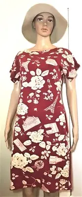 NWT Cacharel Red Floral Eifel Tower Cotton Blend Stretch Midi Dress