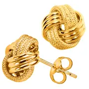 14k Yellow Gold Shiny And Textured Triple Row Love Knot Stud Earrings, 13mm