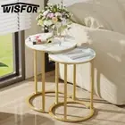 Set Of 2 Smooth Round Sofa Side End Tables Sintered Stone-top Living Room Table
