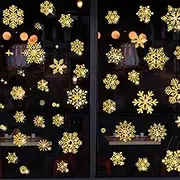 Christmas Snowflake Stickers,110Pcs Reusable Christmas Window Stickers,Static Self Clings PVC Snowflakes Window Clings for Xmas Home/Shop Decorations Winter Party Supplies Ornaments (Gold)