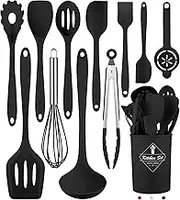 Black Silicone Cooking Utensils Set (12 Pieces) - Dishwasher Safe - Heat Resistant (392°F) - Non-Stick & Non-Scratch - BPA Free