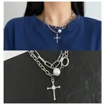 梨花HANA 韓國中性男女街頭十字架．雙層設計珍珠十字項鍊